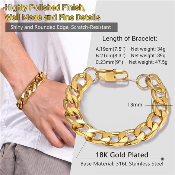 PROSTEEL Mens Cuban Link Bracelet, Black/18K Gold 316L Stainless Steel Cuban - Picture 3 of 7